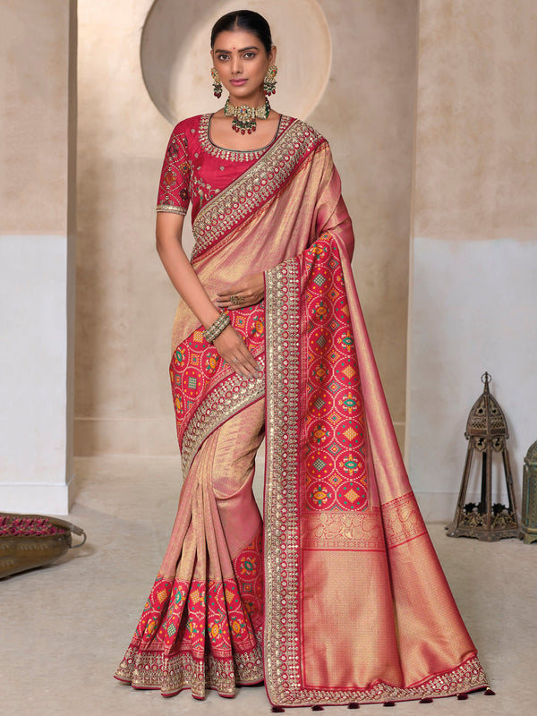 Stunning Peach Weaving Kanjivaram Silk Traditional Saree With Blouse