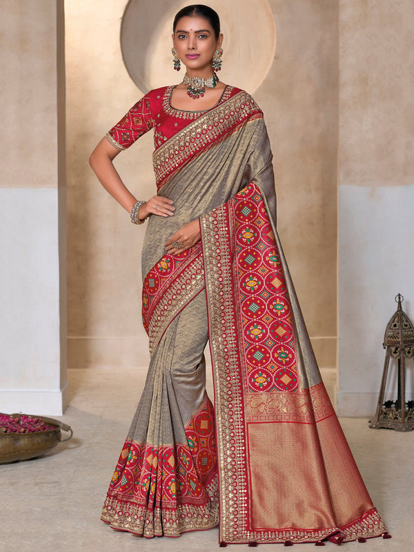 Beautiful Grey Weaving Kanjivaram Silk Event Wear Saree With Blouse