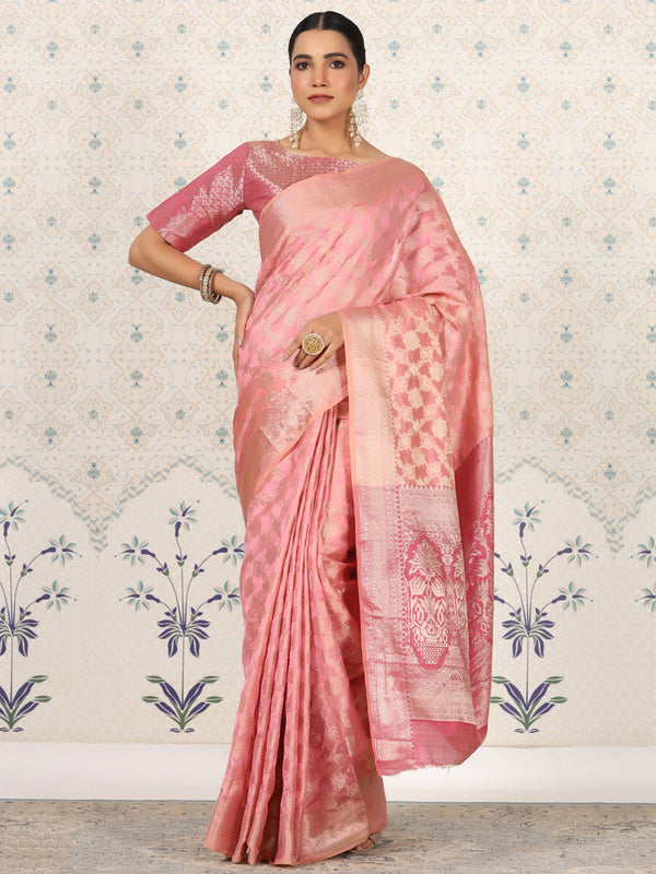 Incredible Pink Zari Weaving Organza Festival Wear Saree With Blouse