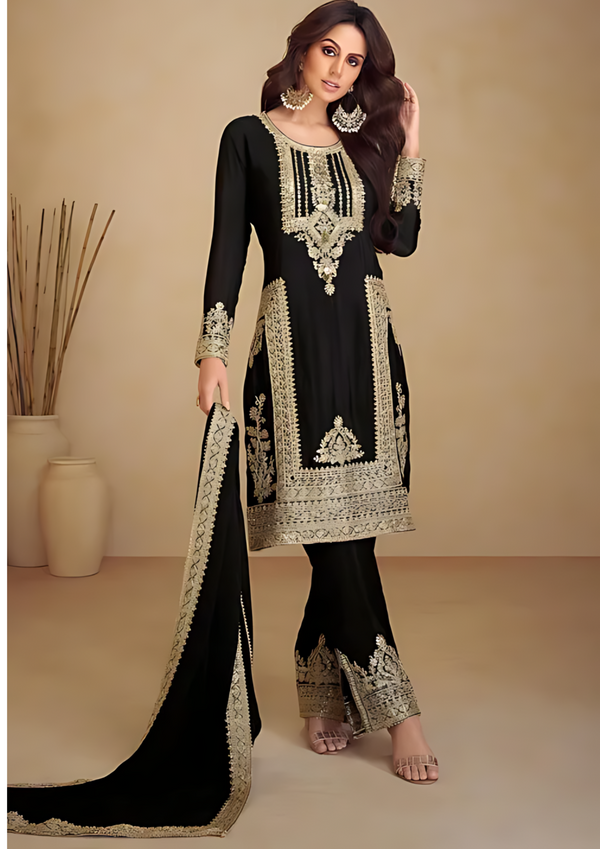 Embroidered Chinon Silk Pakistani Suit in Black