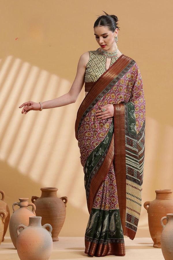 Coffe Brown Ajrakh Printed Dola Silk Saree