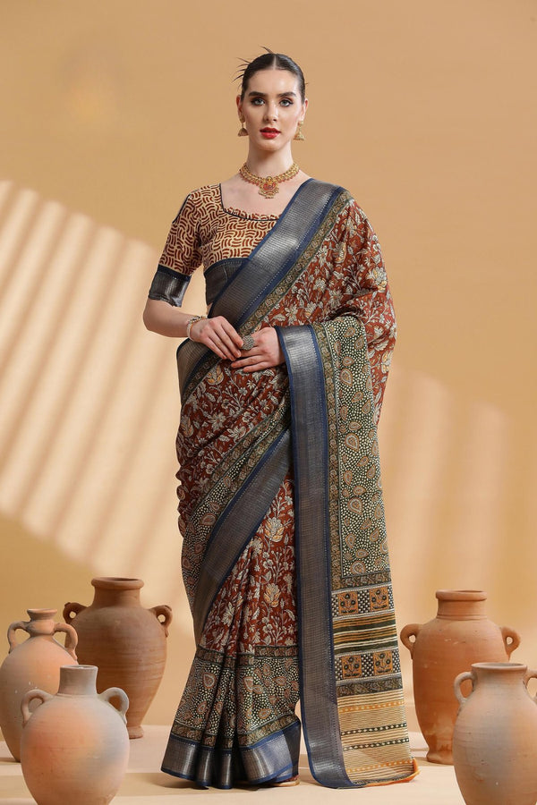 Mocha Brown and Grey Ajrakh Printed Dola Silk Saree