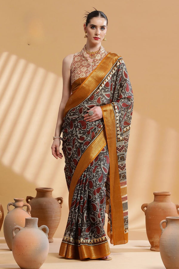 Au Chico Brown and Yellow Ajrakh Printed Dola Silk Saree