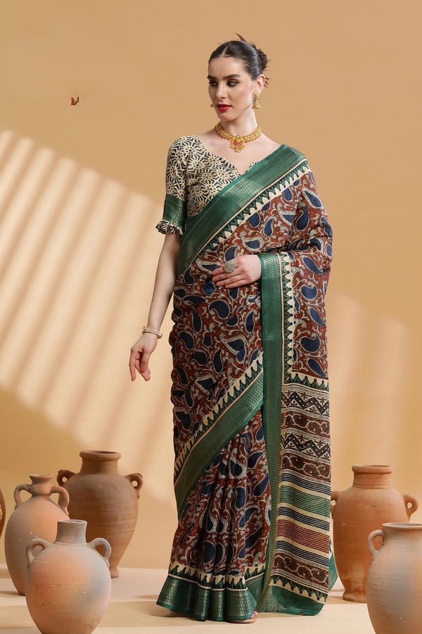 Quincy Brown and Green Ajrakh Printed Dola Silk Saree