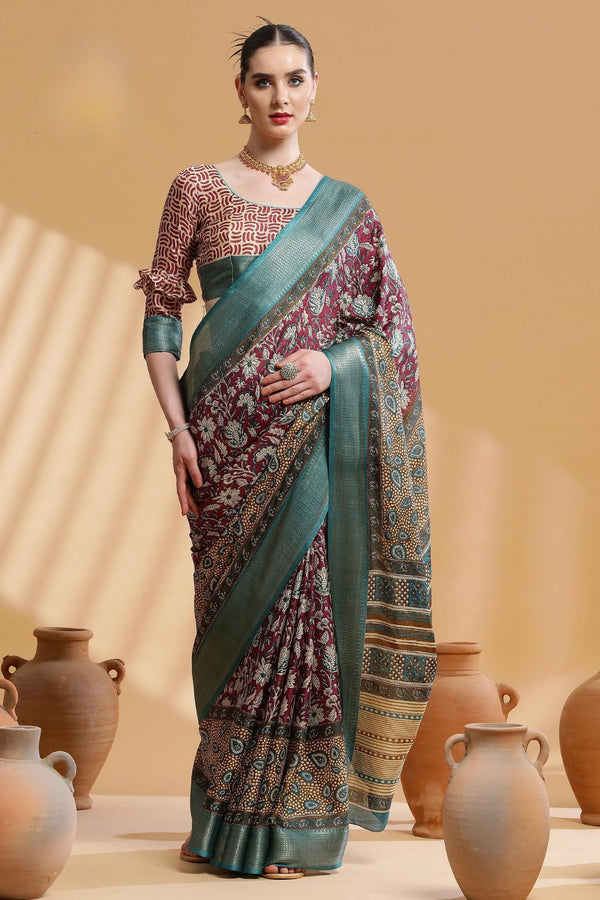 Rose Dust Brown and Blue Ajrakh Printed Dola Silk Saree