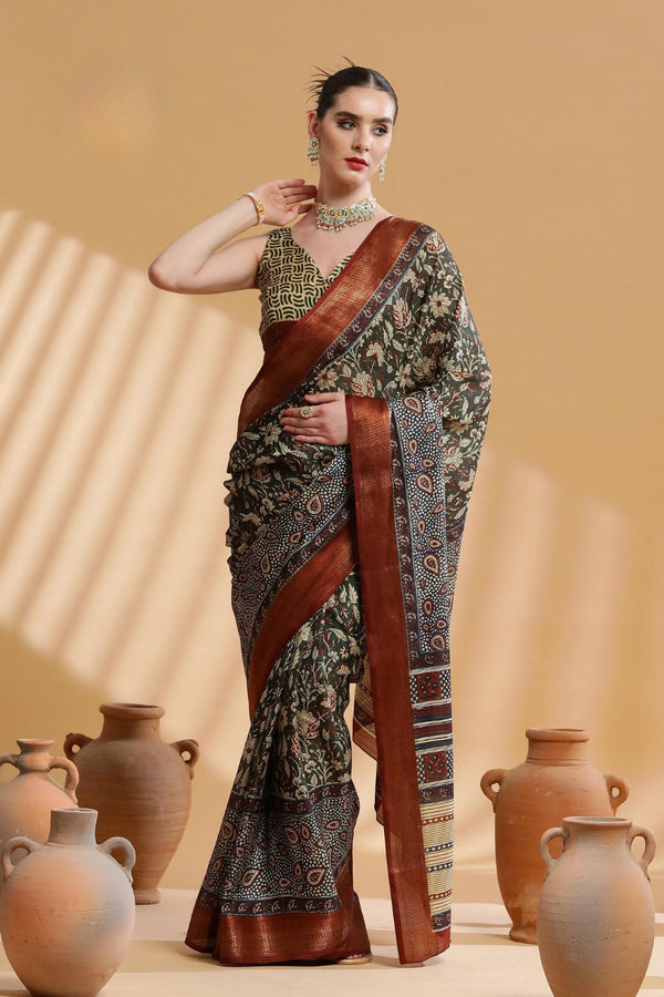 Kokoda Brown and Red Ajrakh Printed Dola Silk Saree