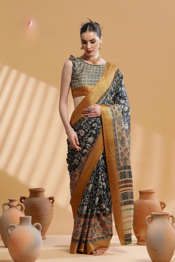 Emperor Grey and Yellow Ajrakh Printed Dola Silk Saree