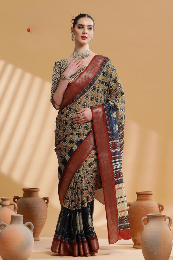 Dirt Yellow Ajrakh Printed Dola Silk Saree