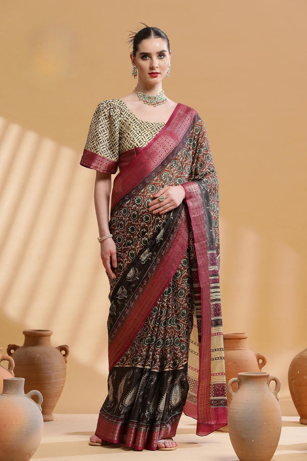 Sepia Brown and Red Ajrakh Printed Dola Silk Saree