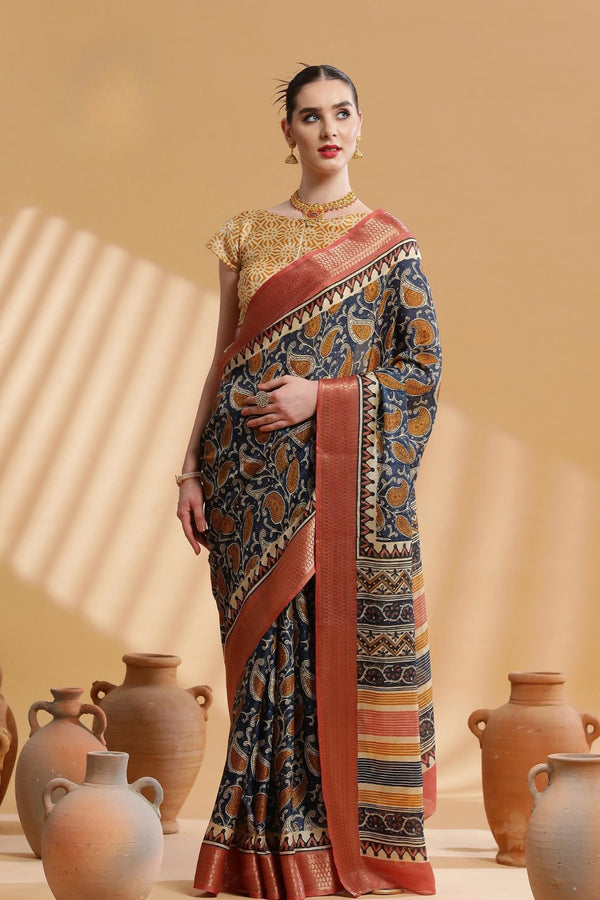 Storm Dust Grey Ajrakh Printed Dola Silk Saree