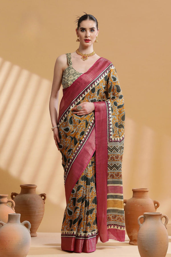 Aztec Yellow and Pink Ajrakh Printed Dola Silk Saree