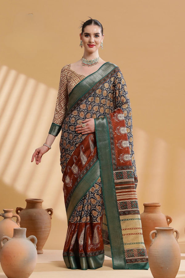 Abbey and Grey Ajrakh Printed Dola Silk Saree