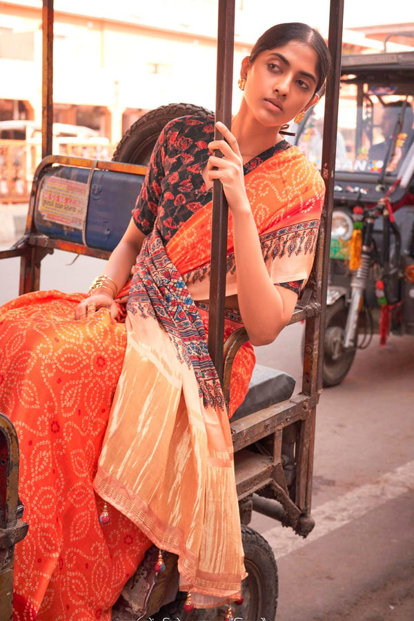 Coral Orange Bandhani Ajrakh Pure Handmade Saree