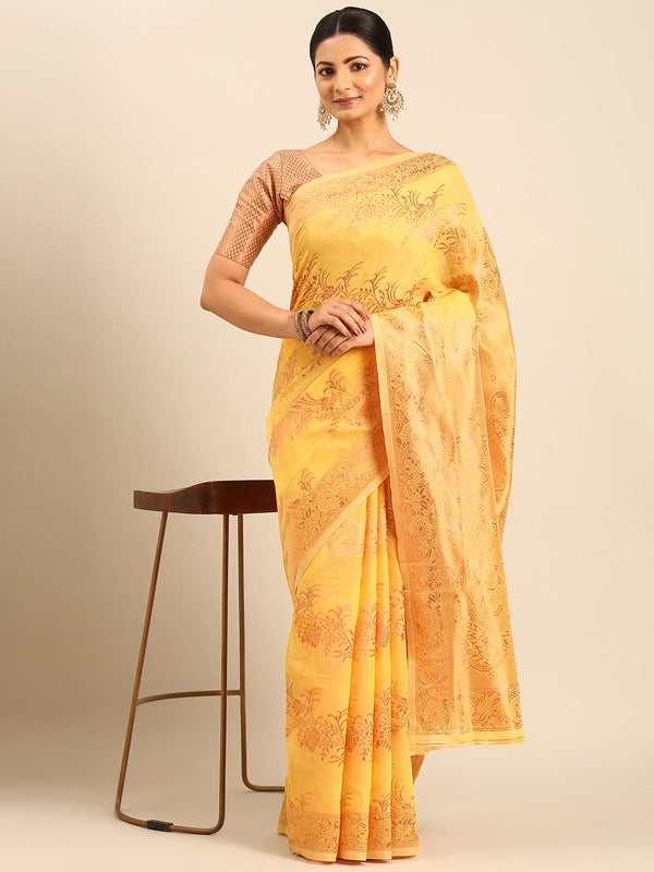 Yellow Cotton Saree With Blouse Piece