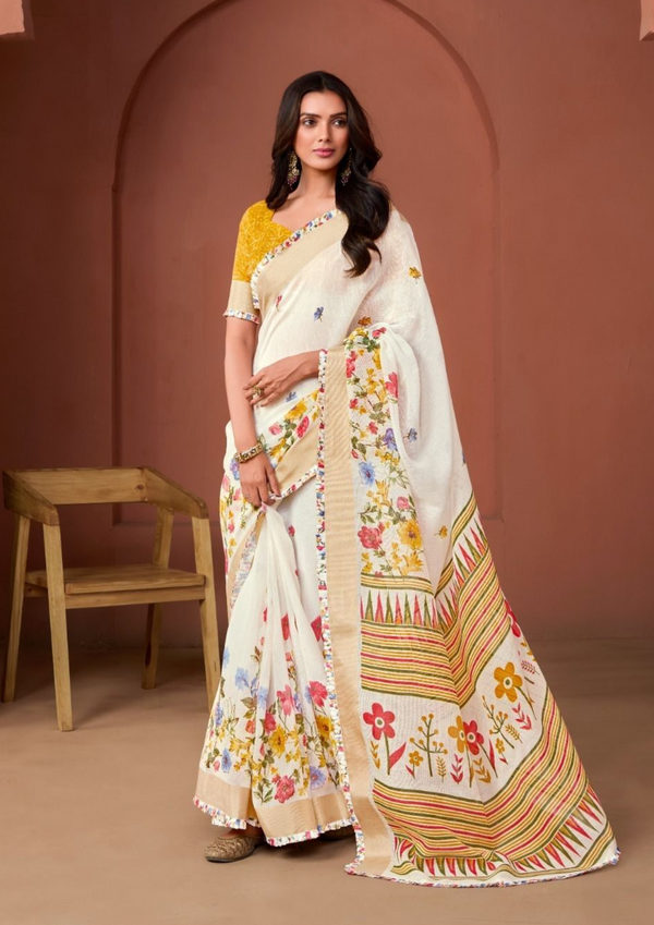 VELLAI COTTON LINEN MILL PRINT BORDER SAREE