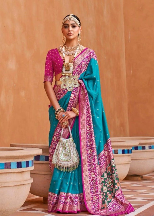 Turquoise Printed Patola Silk Saree