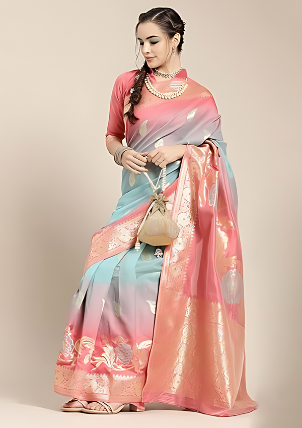 Pink & Blue Floral Dyed Banarasi Sarees