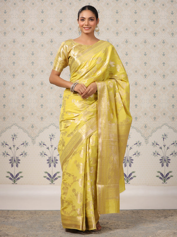 Beautiful Yellow Zari Weaving Banarasi Silk Event Wear Saree With Blouse